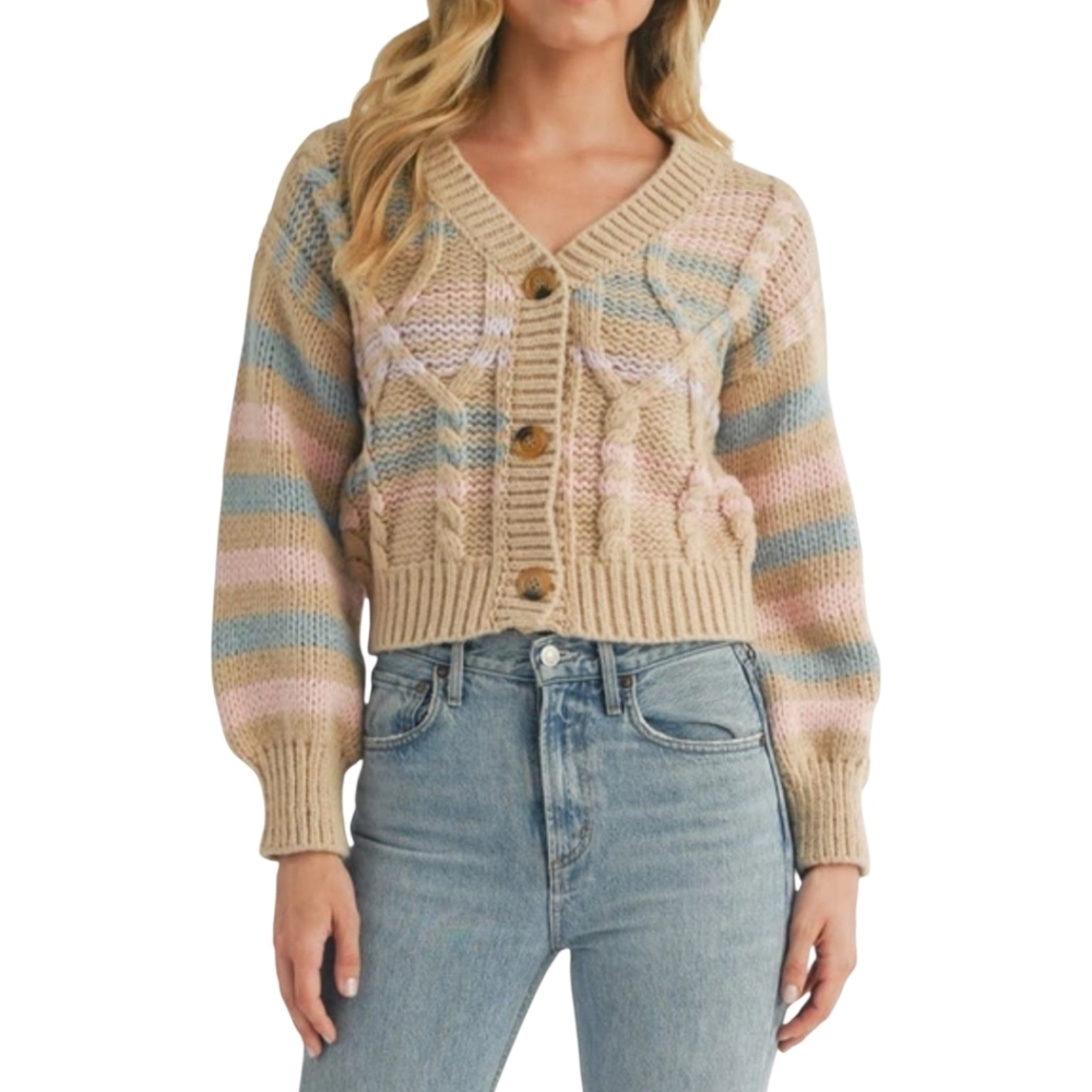 NWT Lush Tan & Pastel Crop Cardigan Sweater Size Large